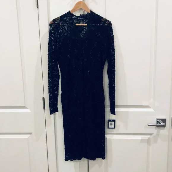 Marina Long Sleeve Sequin Lace Dress Blk 8 at Hautelook
